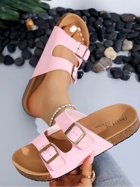 Pink Double-Buckle Cork Footbed Sandals